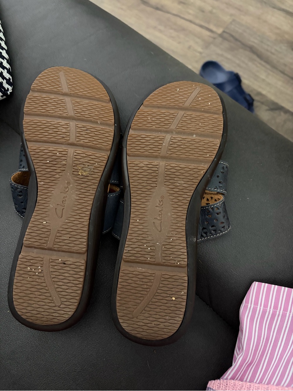 Clarks Women's Blue and Tan Triple-Strap Perforated Slide Sandals - Picture 2 of 2